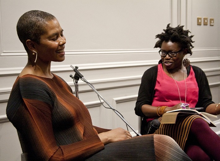 Photograph of Maggie Scott in conversation with Bim Adewunmi New Walk Museum Art Gallery